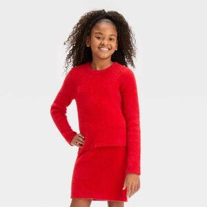 NEW! 2 Piece Set - Girls Fuzzy Ribbed Crewneck Sweater & Skirt, Red - art class